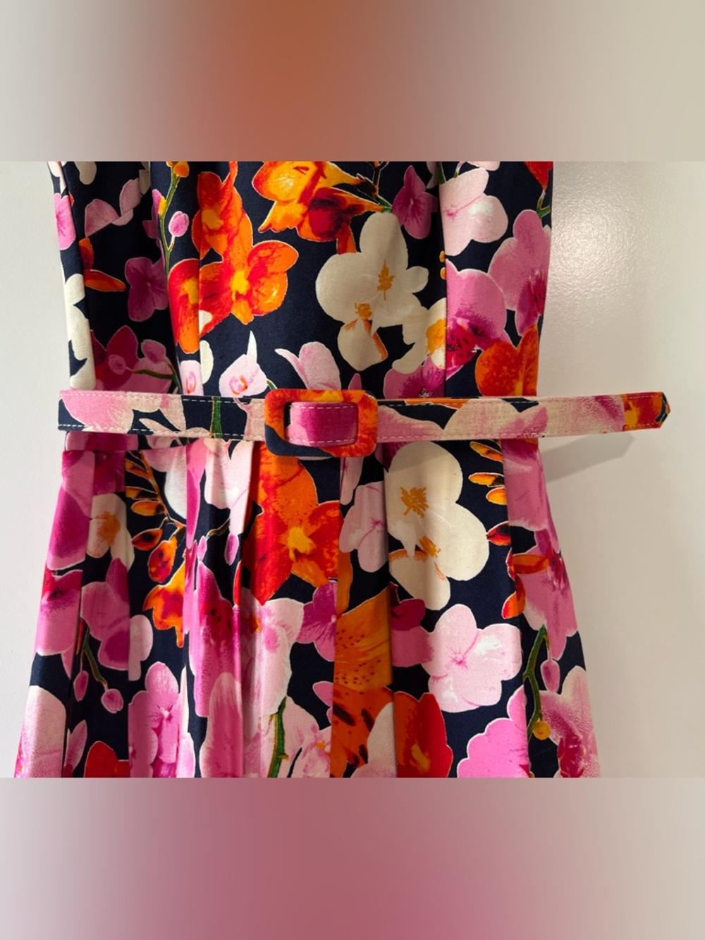 Eliza J Navy Floral Fit and Flare Cocktail Dress with Pink & Orange Blooms Sz 2 - Picture 3 of 7
